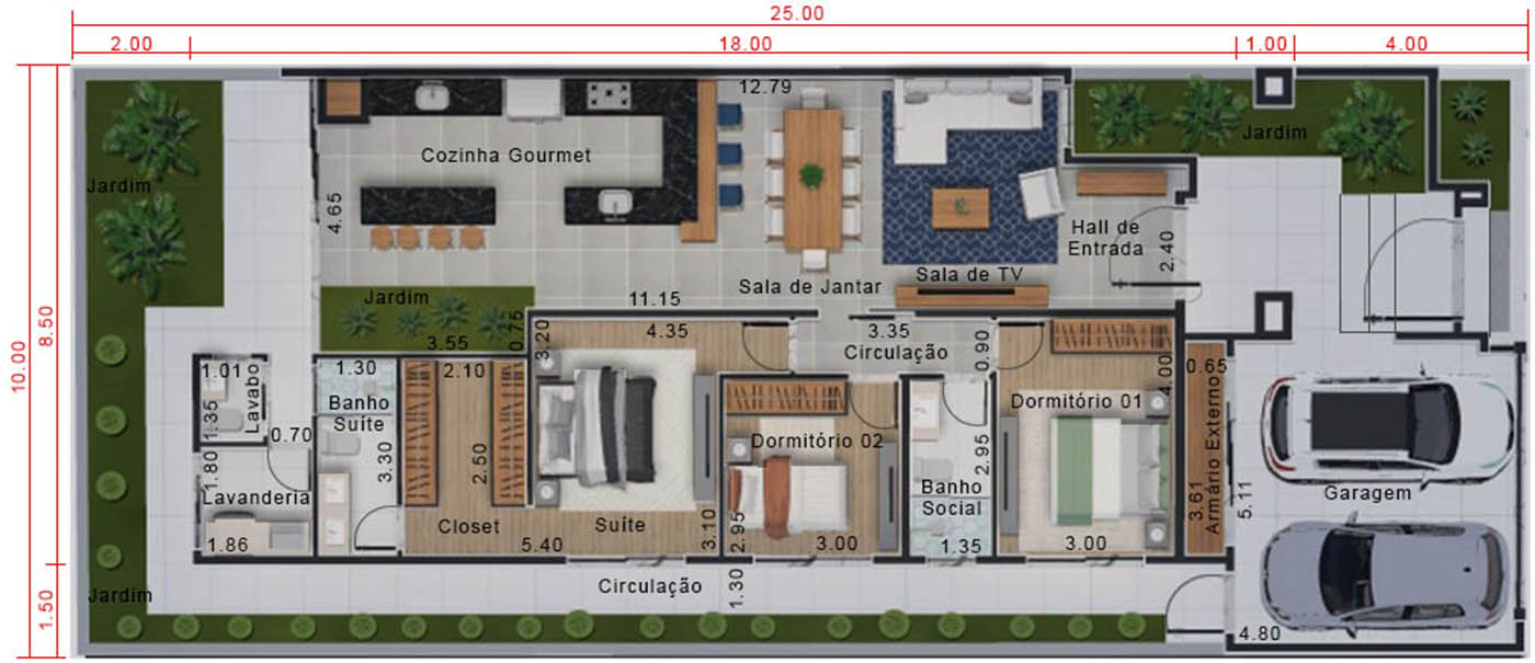 Planta de casa moderna e imponente. Planta para terreno 10x25