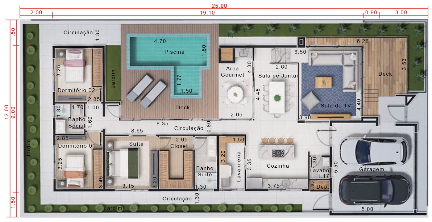 Planta em formato U. Planta para terreno 12x25