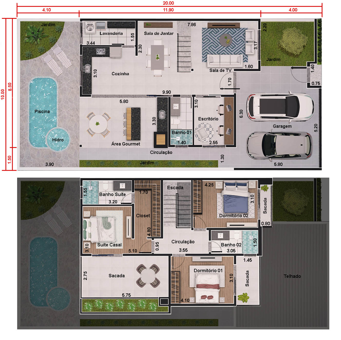 Sobrado com 3 quartos e escritório . Planta para terreno 10x20