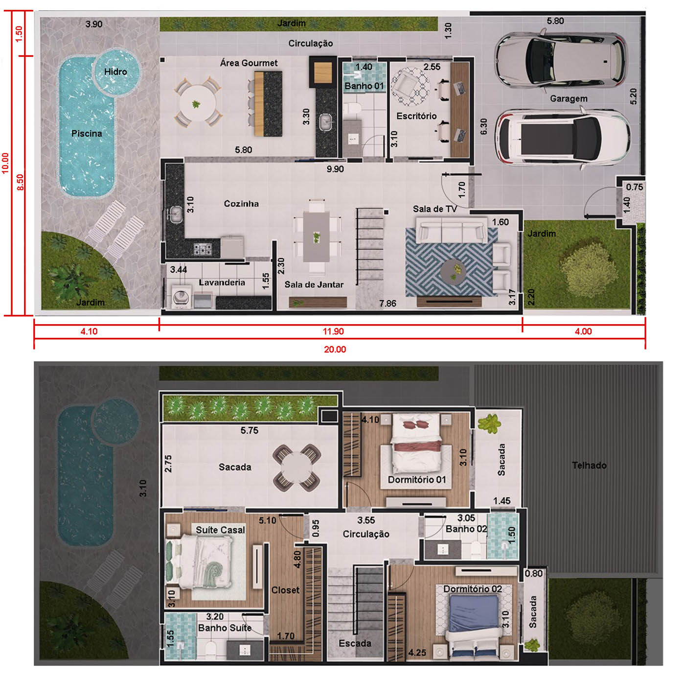 Sobrado com 3 quartos e escritório . Planta para terreno 10x20