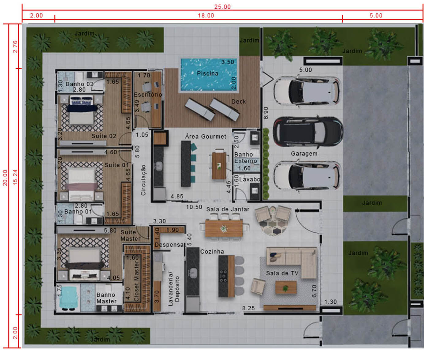 Projeto imponente com portão . Planta para terreno 20x25