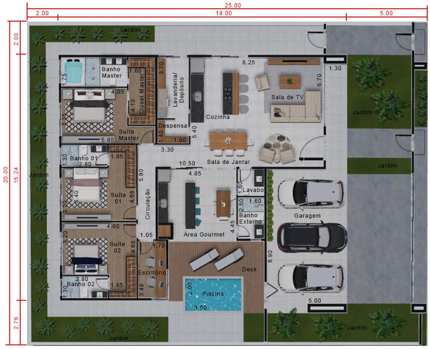 Projeto imponente com portão . Planta para terreno 20x25