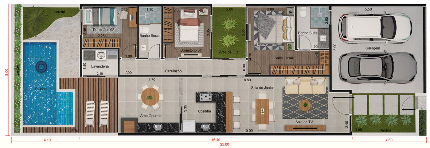 Casa térrea com portão fechado. Planta para terreno 8x25