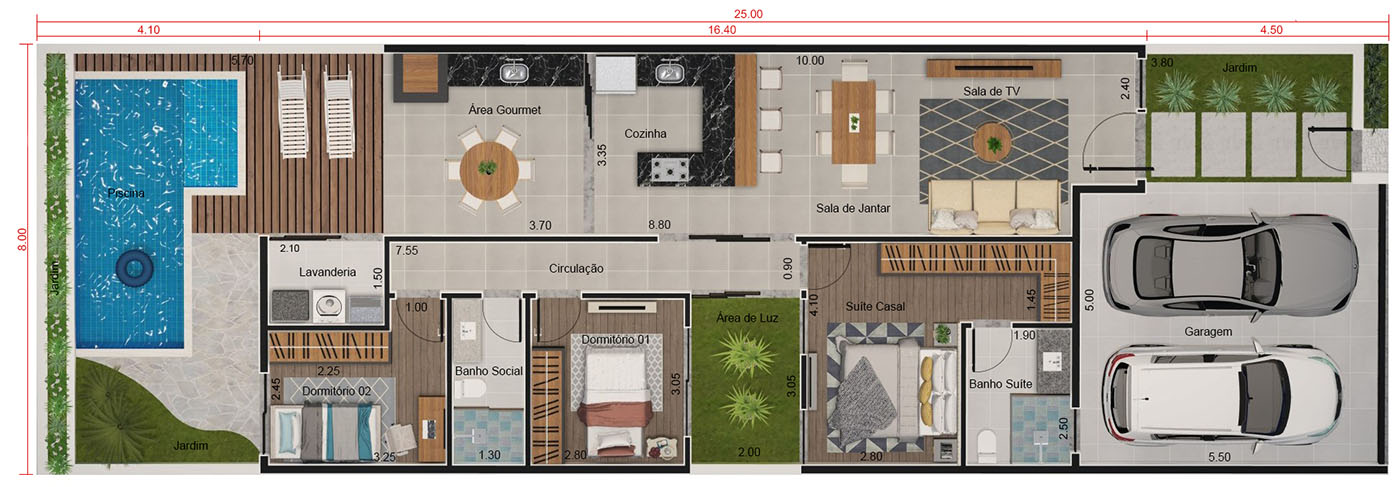 Casa térrea com portão fechado. Planta para terreno 8x25