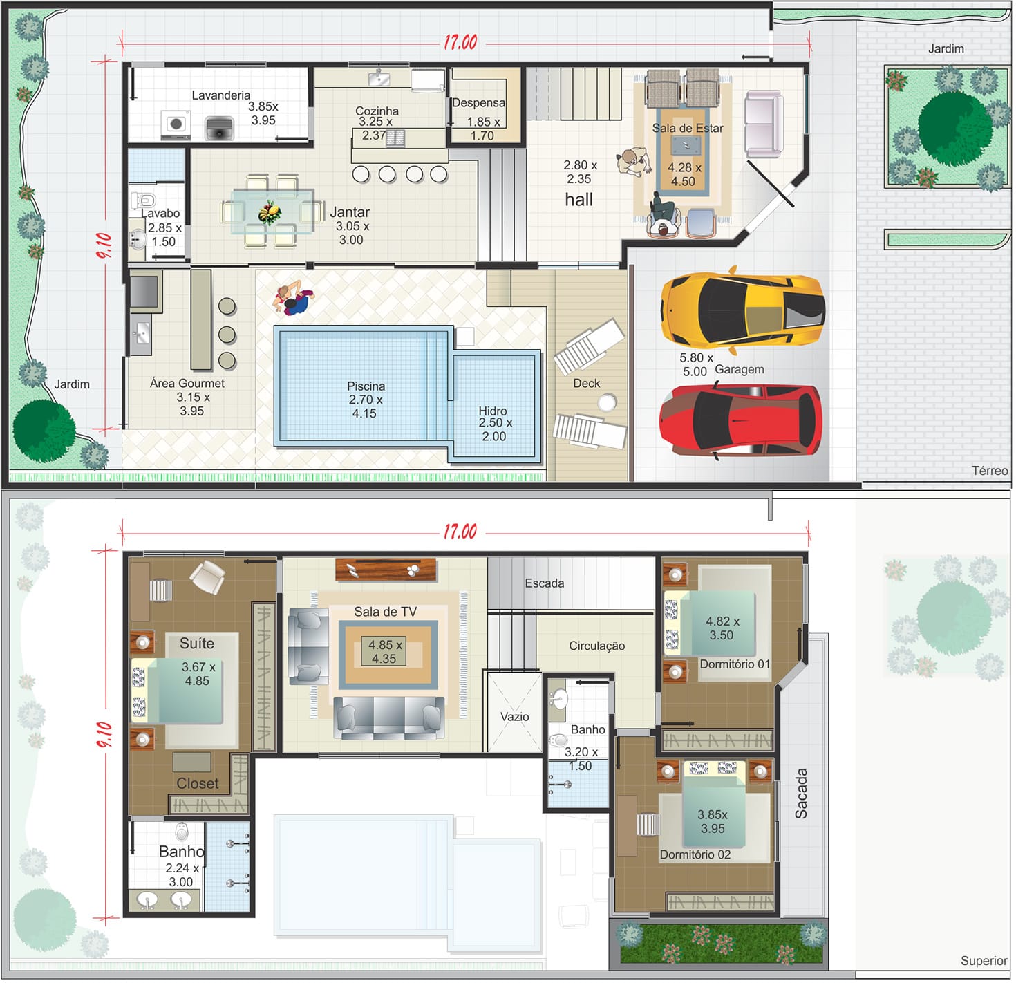 Planta de casa sobrado em L com piscina. Planta para terreno 12x25