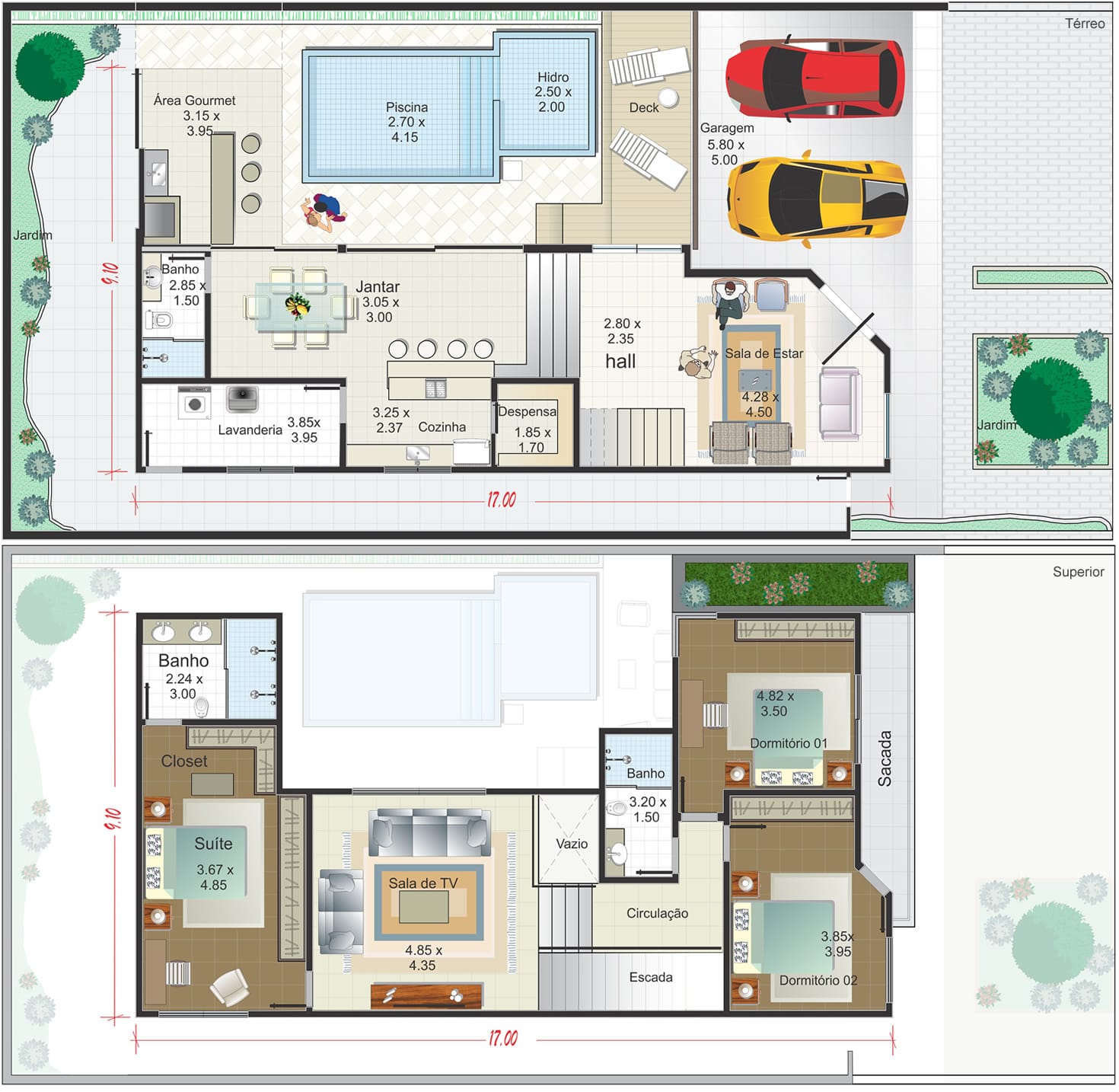 Planta de casa sobrado em L com piscina. Planta para terreno 12x25