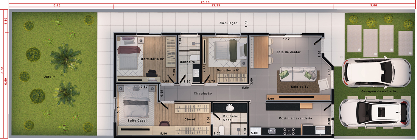 Planta de casa com suite e closet. Planta para terreno 8x25