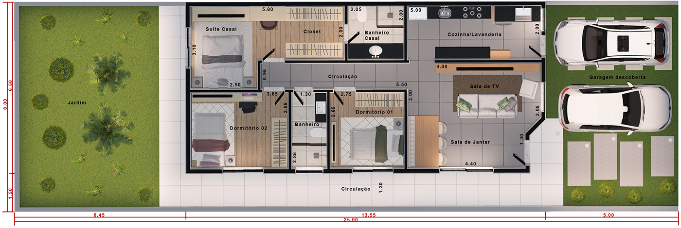 Planta de casa com suite e closet. Planta para terreno 8x25