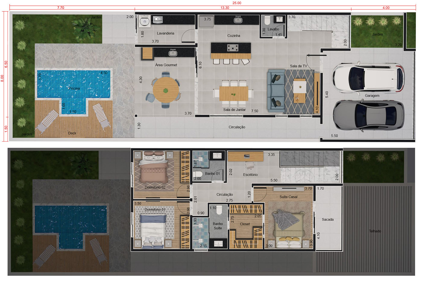 Sobrado com madeira e portão . Planta para terreno 8x25