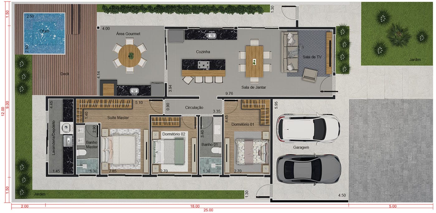 Casa térrea com madeira na fachada. Planta para terreno 12x25