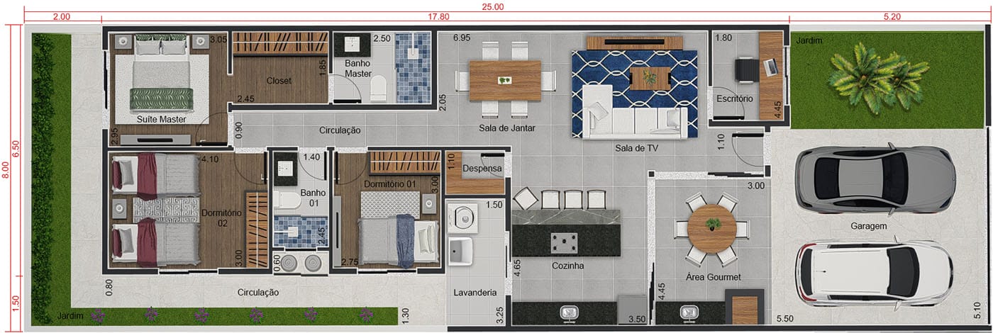 Planta térrea moderna com portão. Planta para terreno 8x25