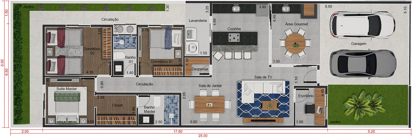 Planta térrea moderna com portão. Planta para terreno 8x25