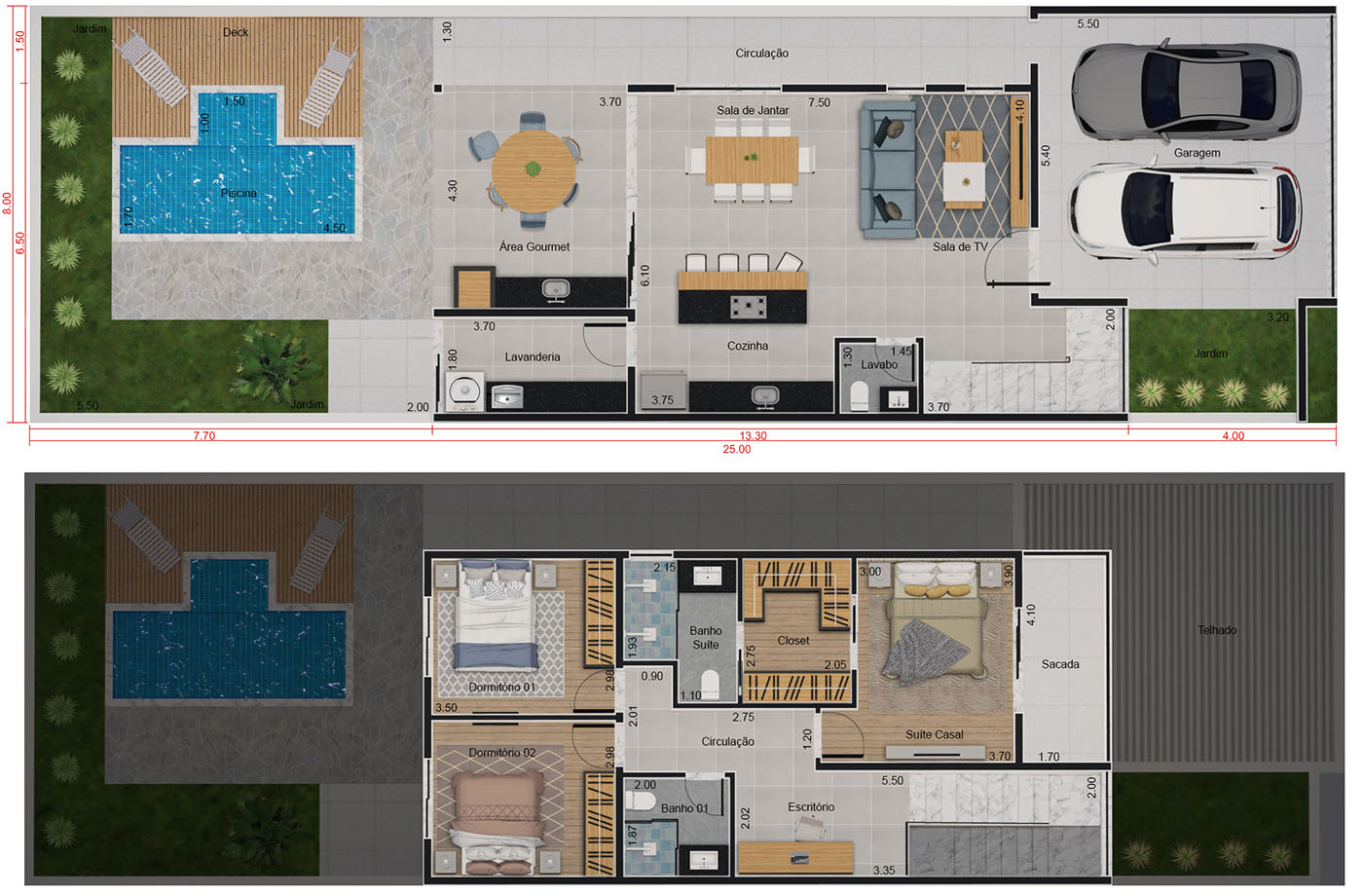 Projeto com fachada azul . Planta para terreno 8x25