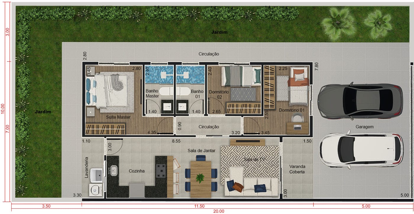 Projeto com pergolado na garagem. Planta para terreno 10x20