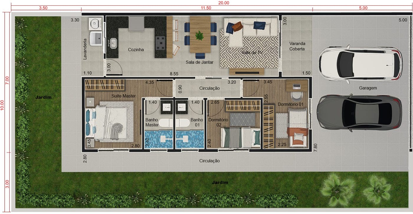 Projeto com pergolado na garagem. Planta para terreno 10x20