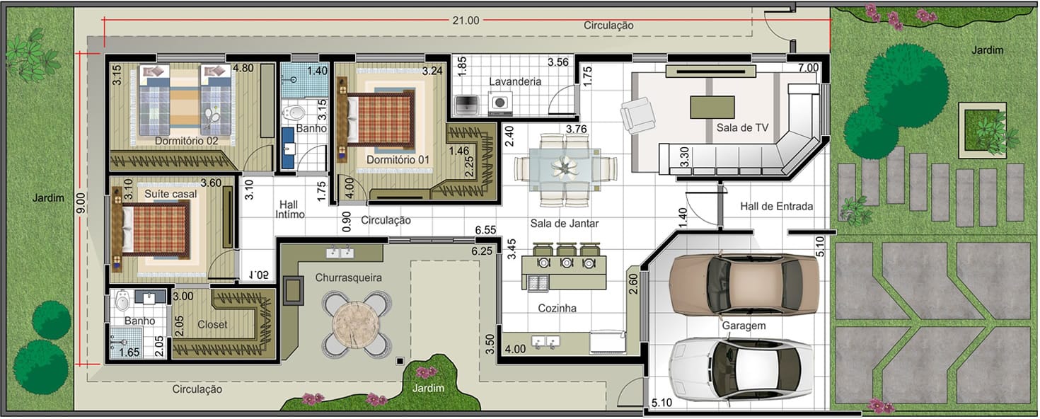 Planta de casa com suite e closet. Planta para terreno 12x30