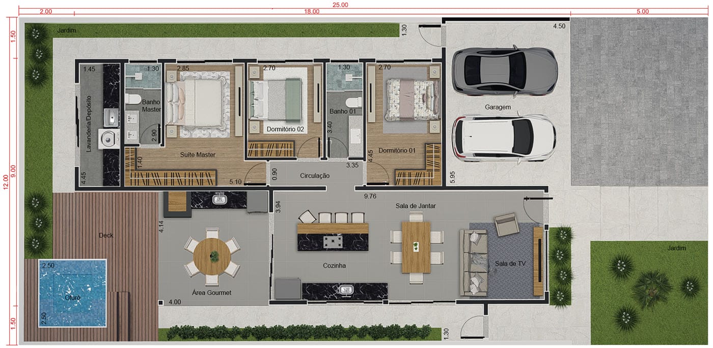 Projeto térreo moderno. Planta para terreno 12x25