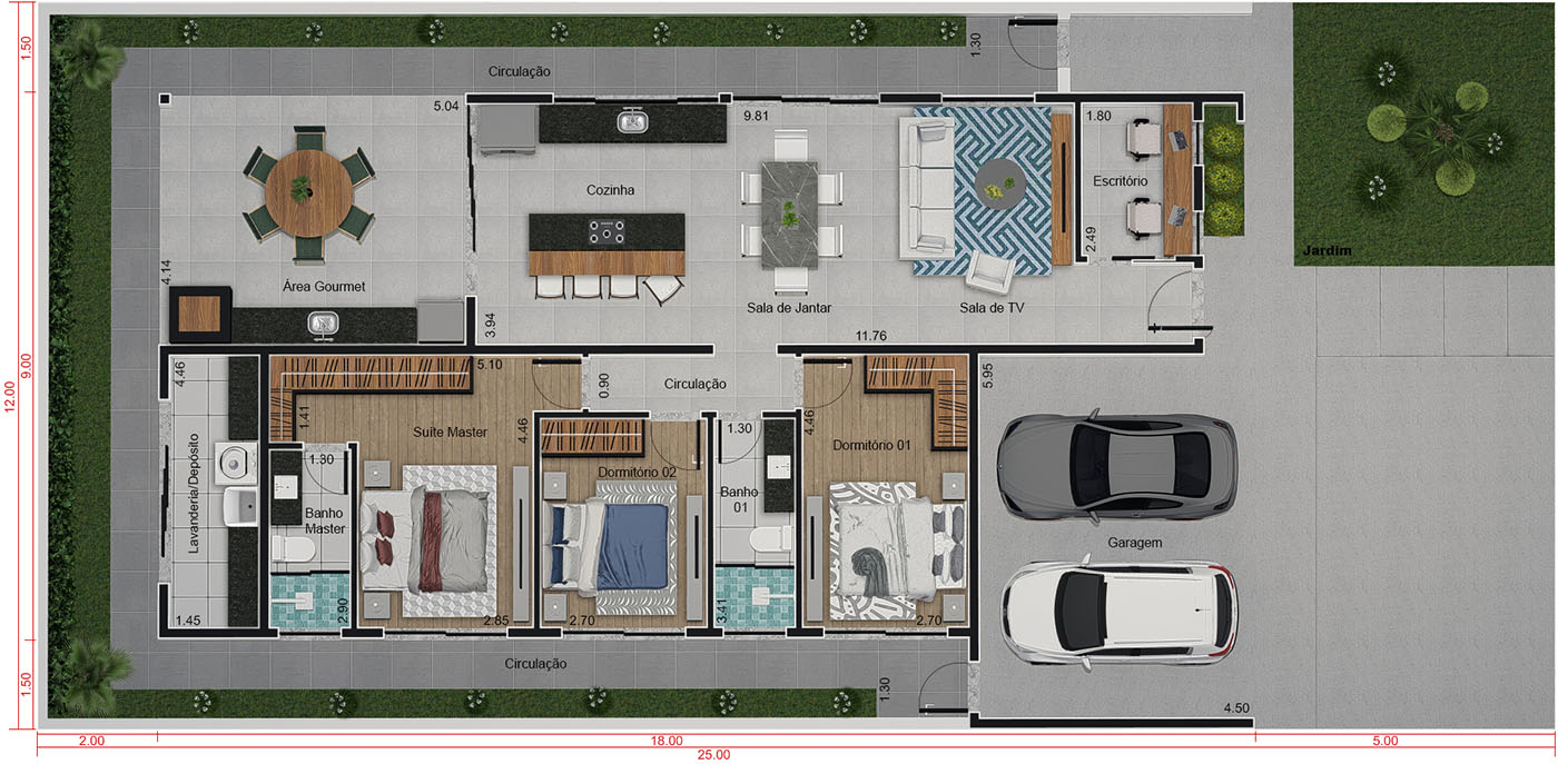 Projeto moderno com madeira. Planta para terreno 12x25