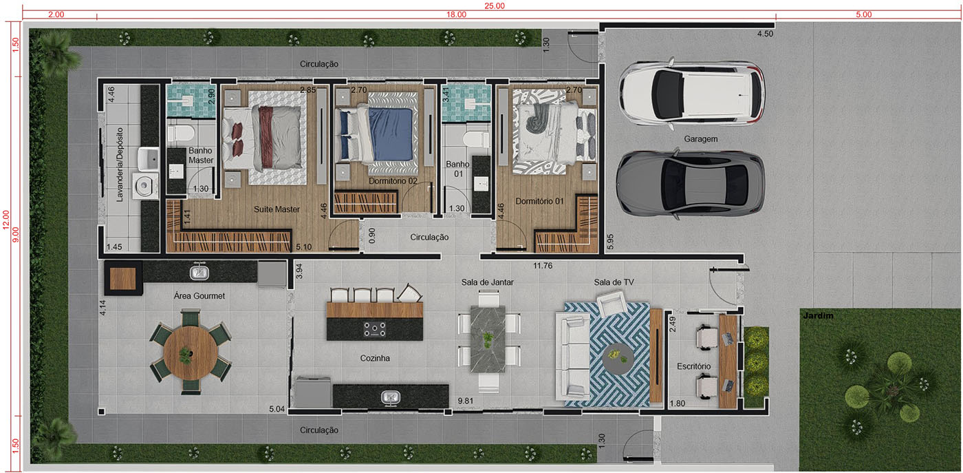 Projeto moderno com madeira. Planta para terreno 12x25