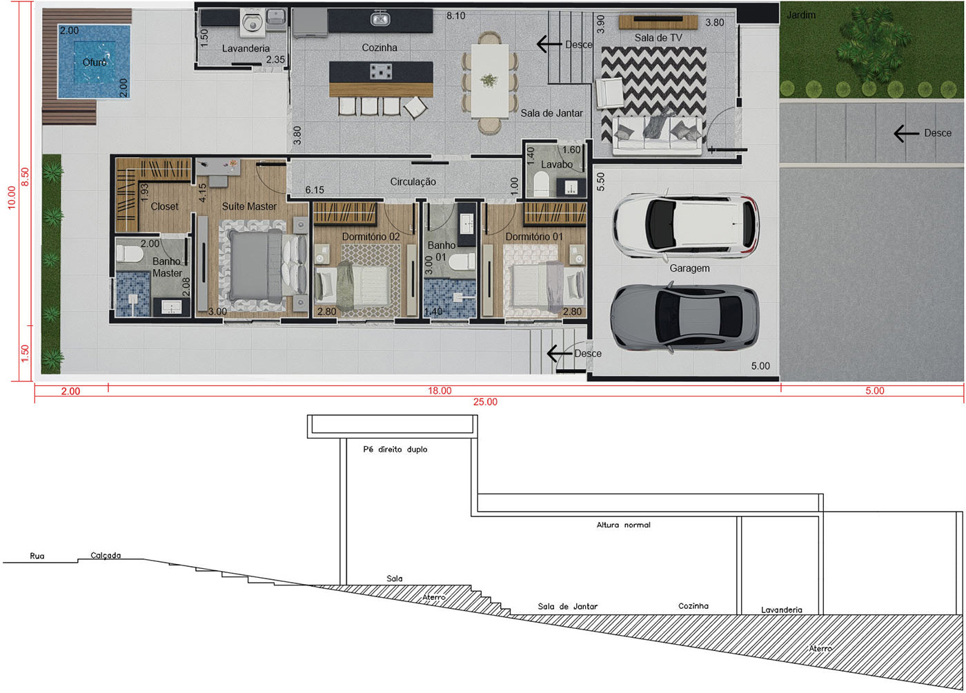 Planta de casa térrea em declive. Planta para terreno 10x25
