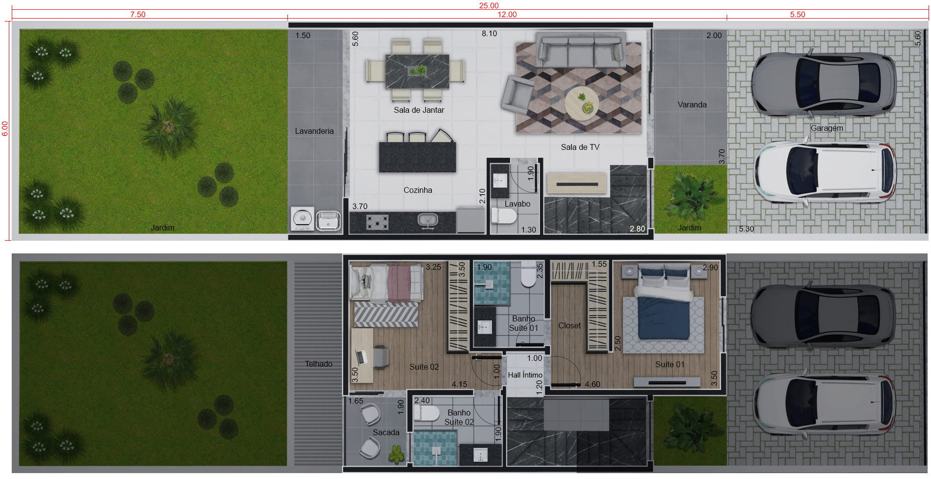 Sobrado de baixo custo. Planta para terreno 6x25