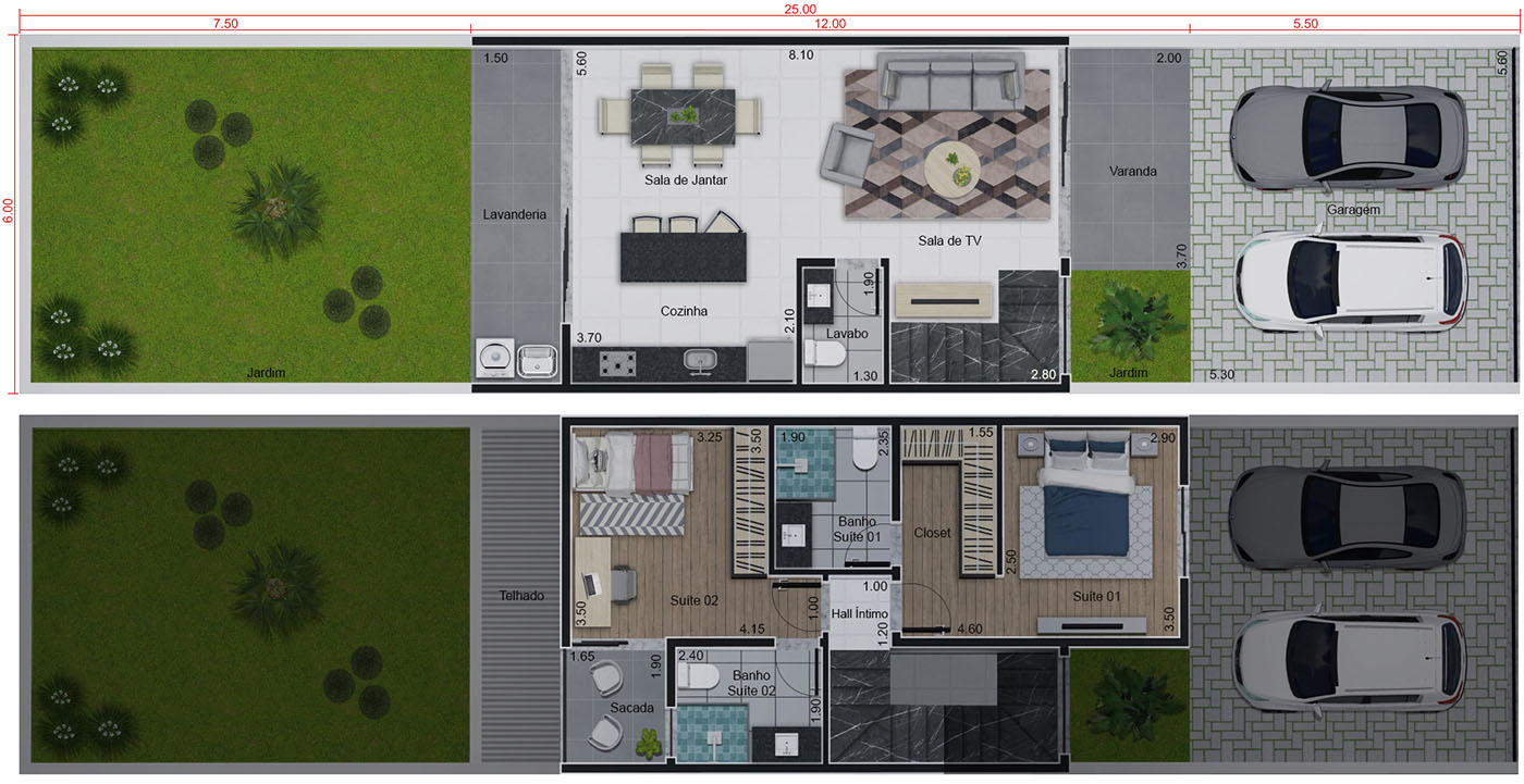 Planta de sobrado com 2 quartos . Planta para terreno 6x25