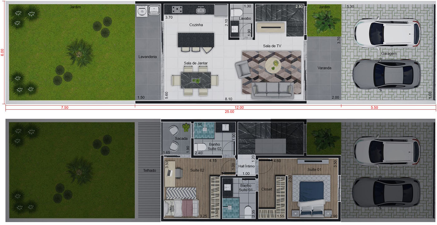 Planta de sobrado com 2 quartos . Planta para terreno 6x25