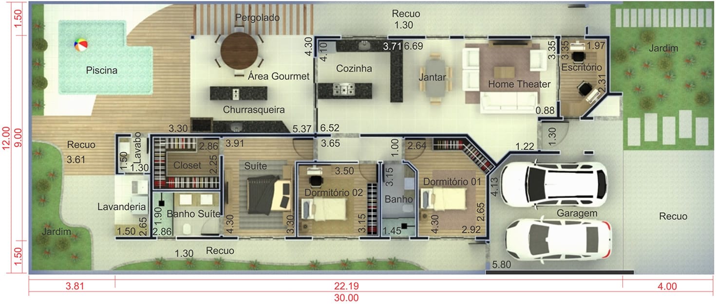 Planta de casa térrea com área gourmet. Planta para terreno 12x30