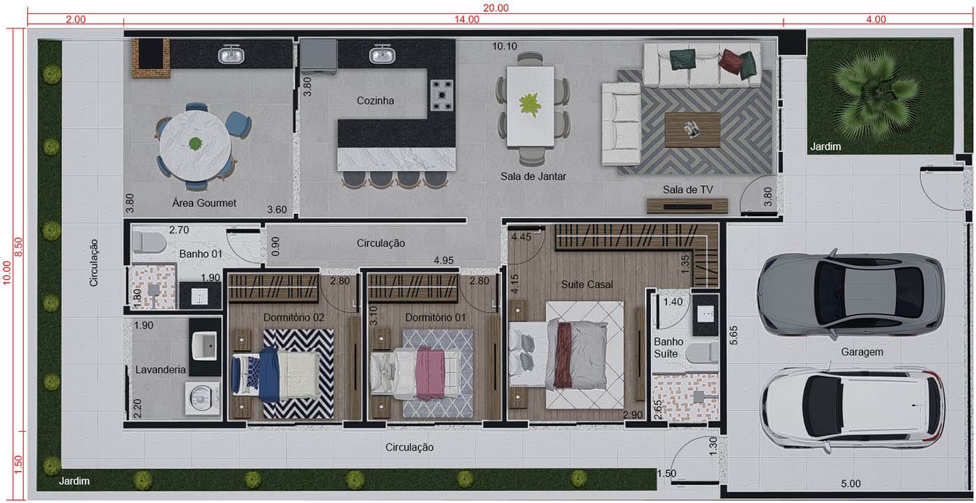 Projeto de casa clean e moderno. Planta para terreno 10x20