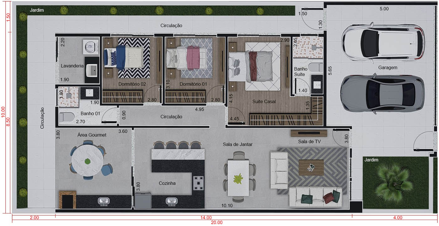 Casa térrea com telhado cerâmico. Planta para terreno 10x20