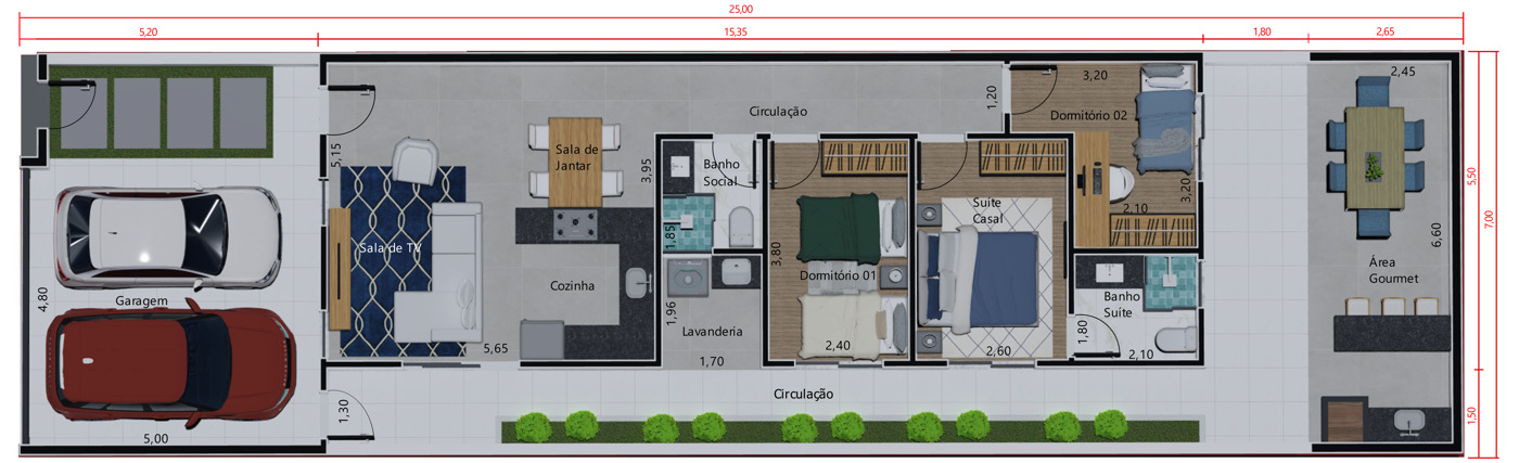 Planta de casa pequena com área gourmet. Planta para terreno 7x25