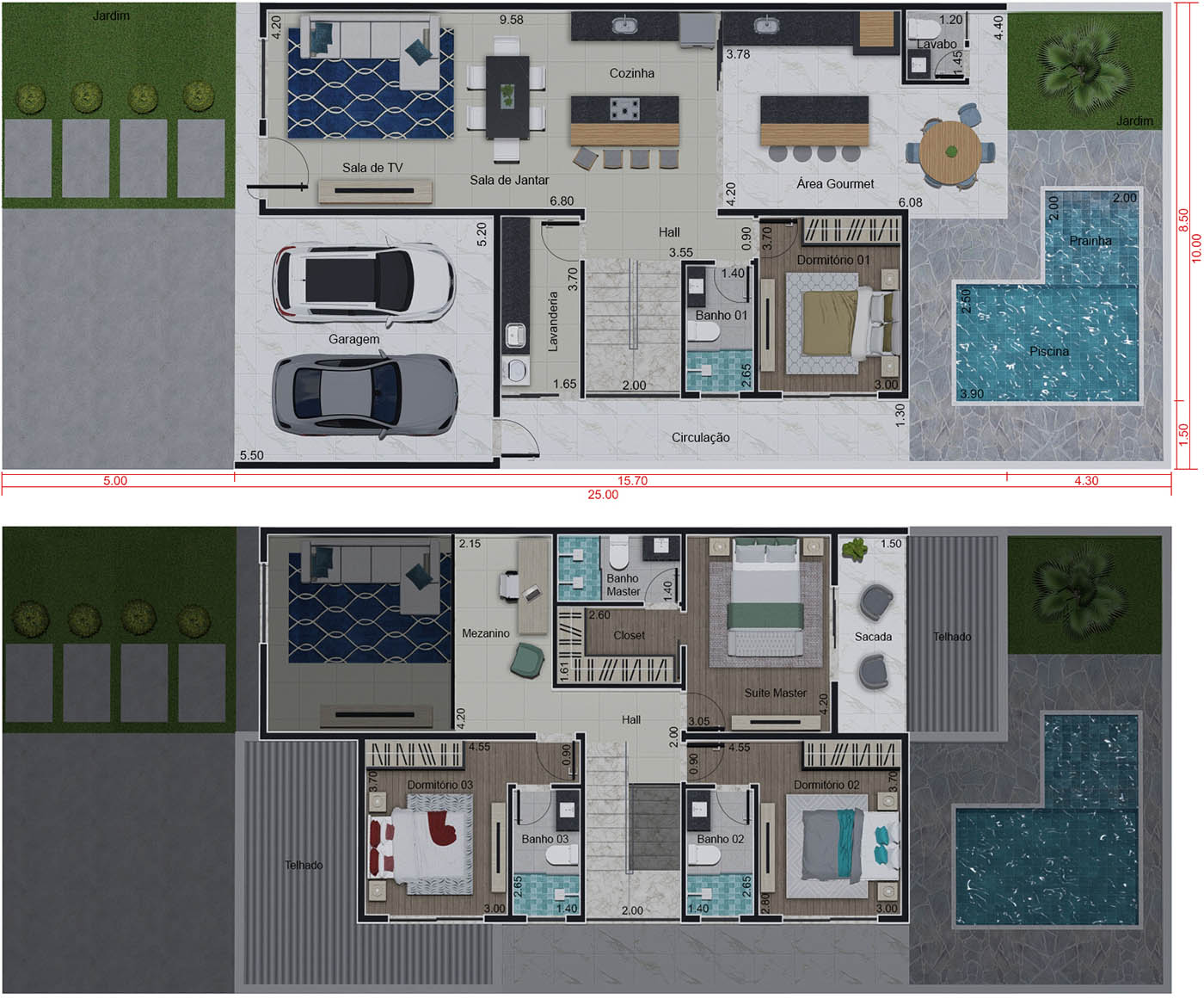 Sobrado com fachada em estilo americano. Planta para terreno 10x25