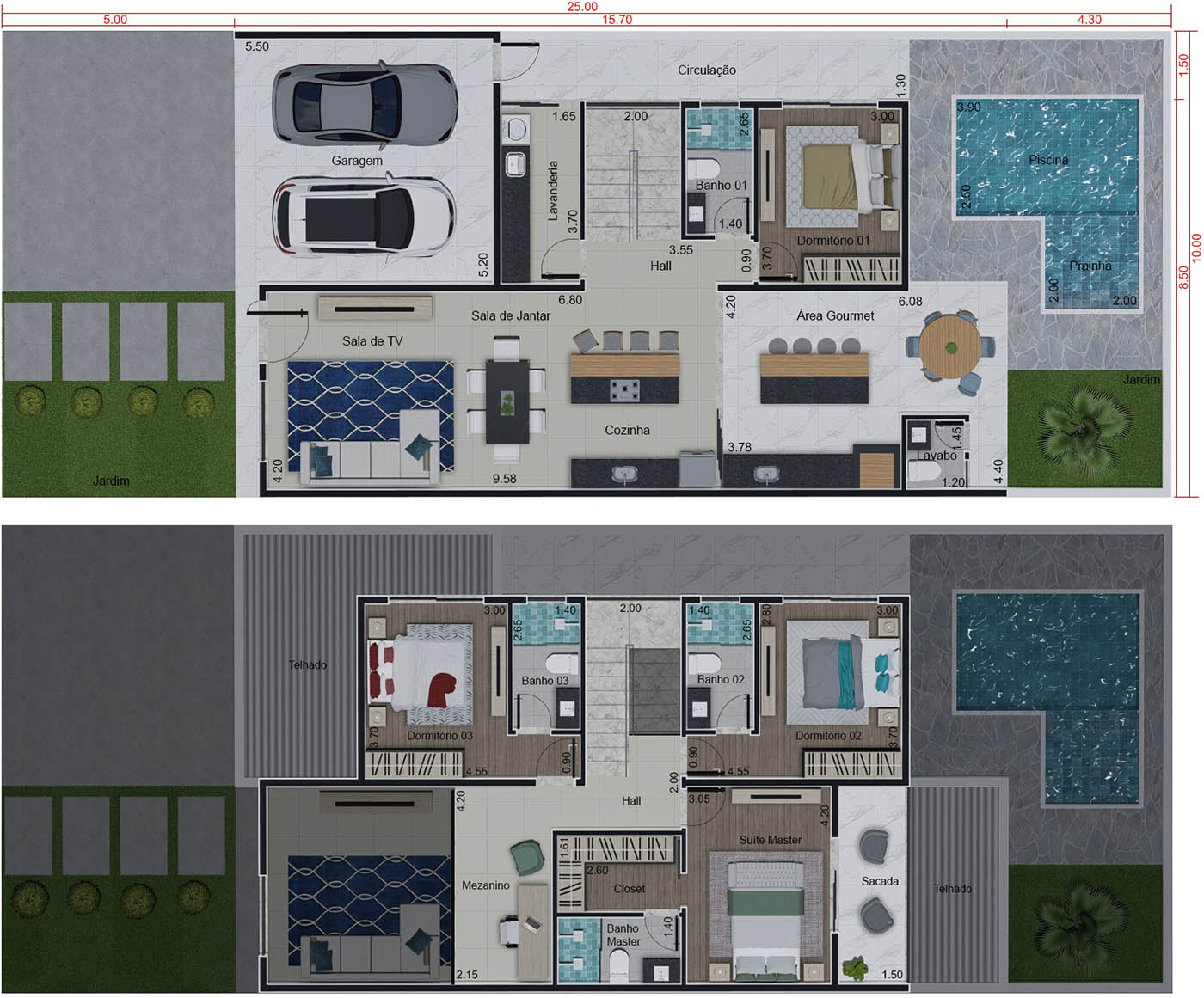 Sobrado com fachada em estilo americano. Planta para terreno 10x25