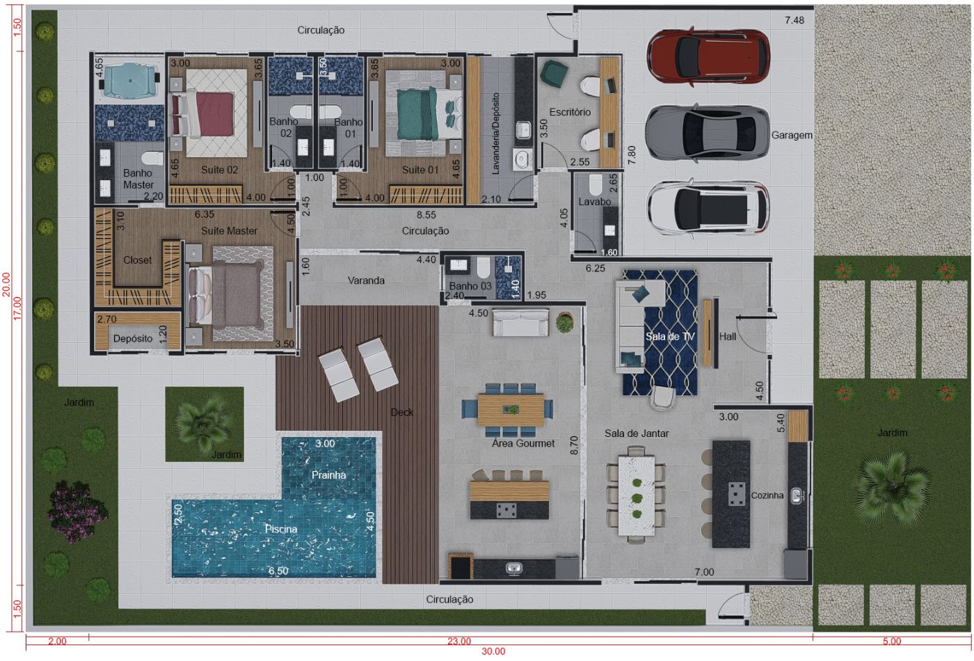 Planta de casa rústica com telhado aparente. Planta para terreno 20x30