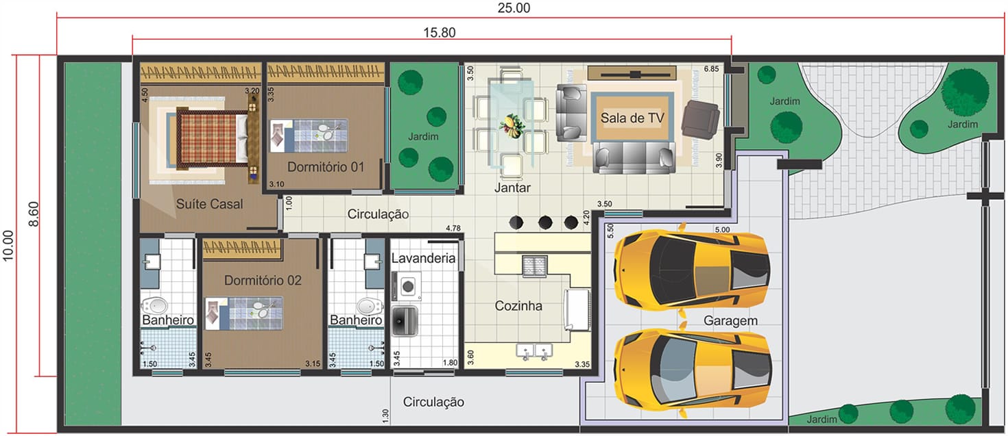 Planta térrea com ambientes integrados. Planta para terreno 10x25