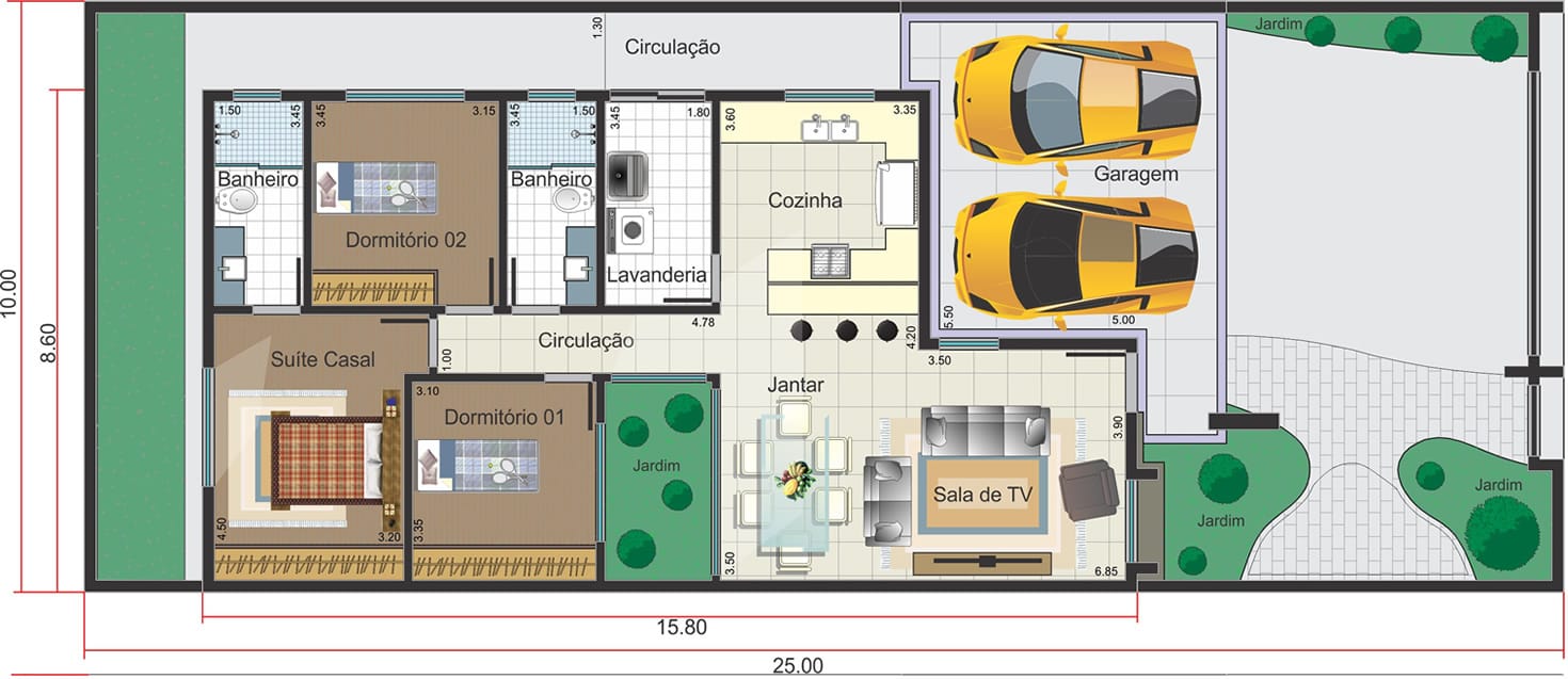 Planta térrea com ambientes integrados. Planta para terreno 10x25