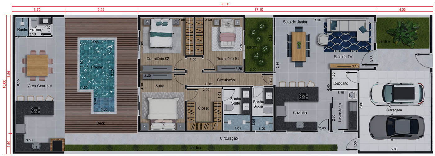 Casa térrea com edícula e piscina. Planta para terreno 10x30