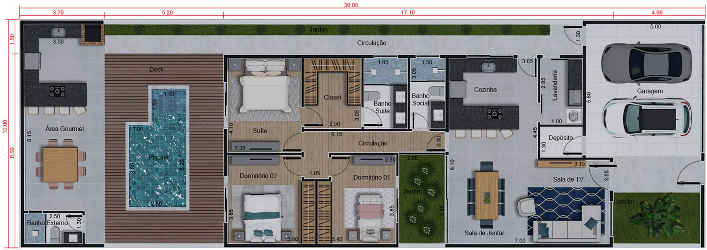 Casa térrea com edícula e piscina. Planta para terreno 10x30