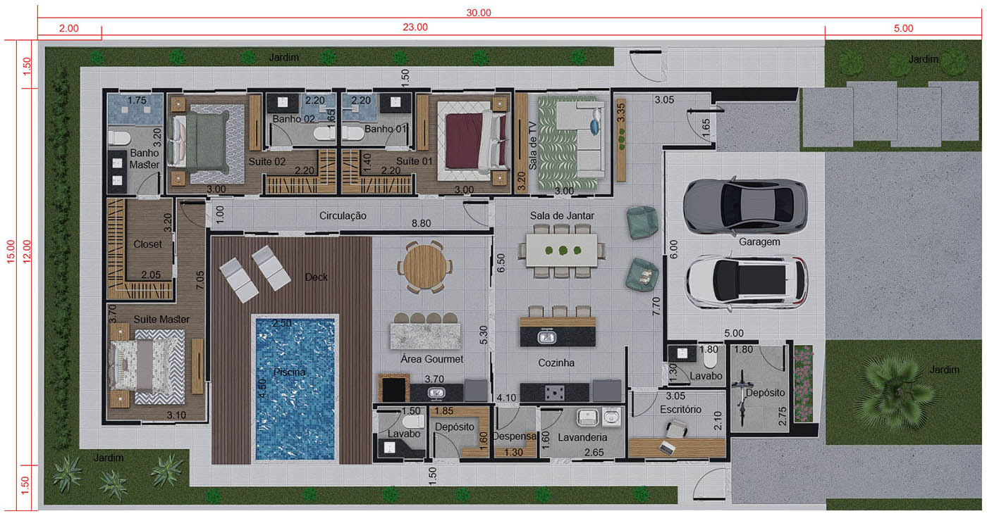 Casa térrea com 3 suítes. Planta para terreno 15x30