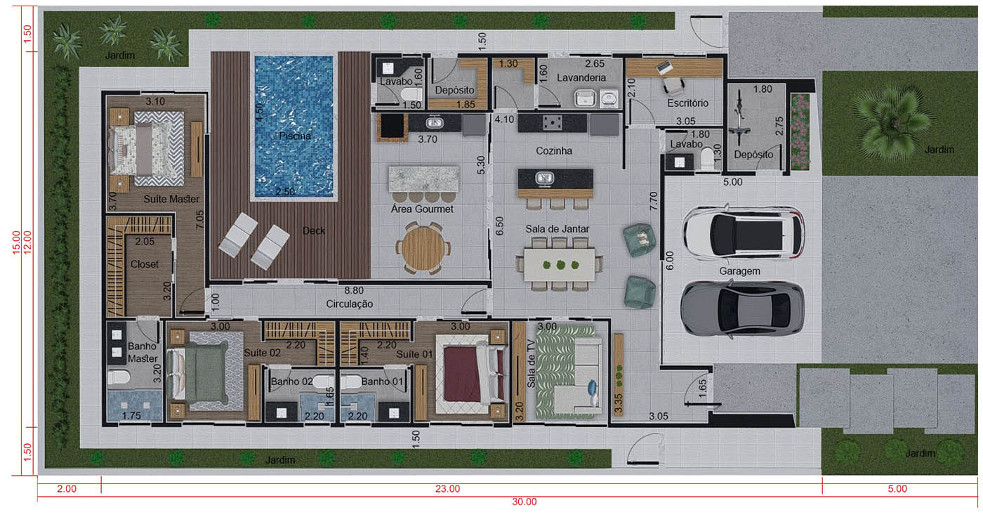 Casa térrea com 3 suítes. Planta para terreno 15x30