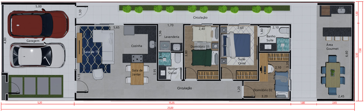 Projeto com área gourmet no fundo. Planta para terreno 7,00x25,00