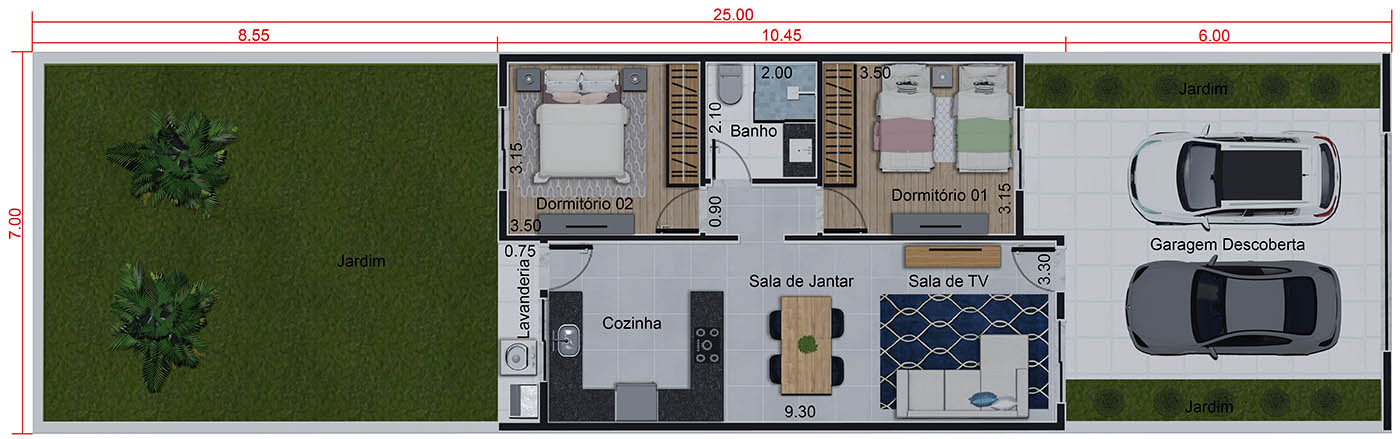 Planta de casa térrea de 70m². Planta para terreno 7x25