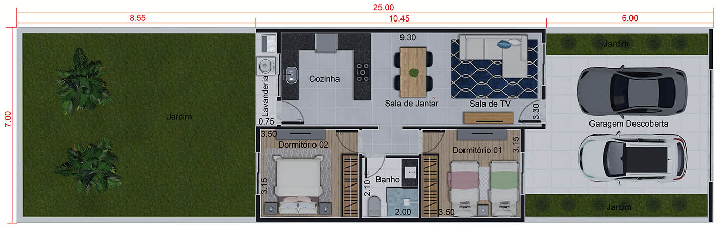 Planta de casa térrea de 70m². Planta para terreno 7x25