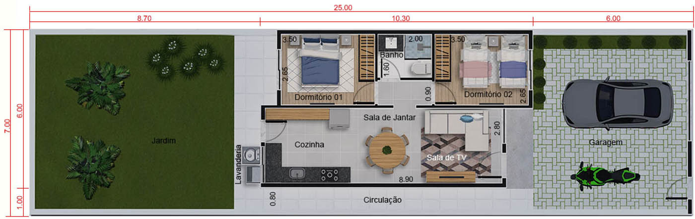 Projeto Minha Casa Minha Vida pequeno. Planta para terreno 7,00x25,00