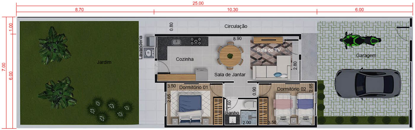 Projeto Minha Casa Minha Vida pequeno. Planta para terreno 7,00x25,00