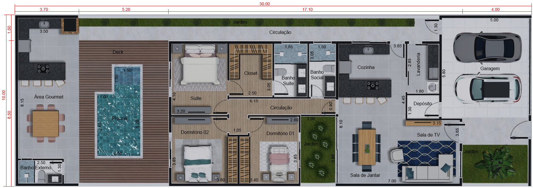 Planta térrea com edícula e piscina. Planta para terreno 10x30