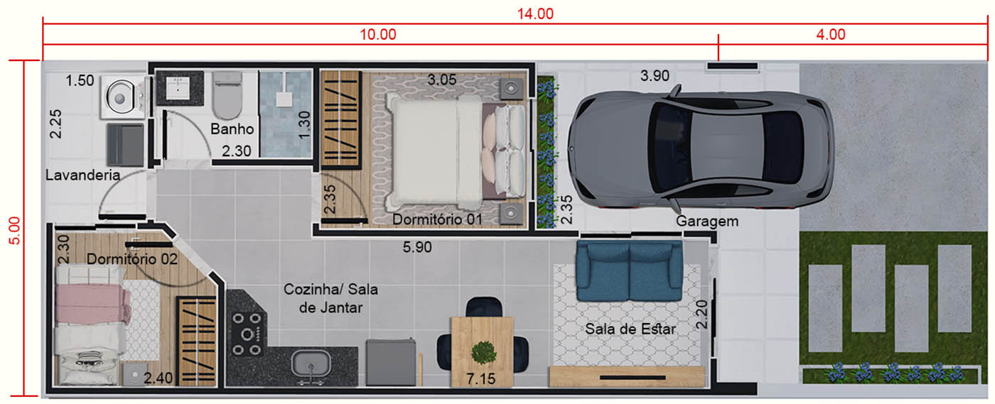 Planta de casa térrea com 50m². Planta para terreno 5x14