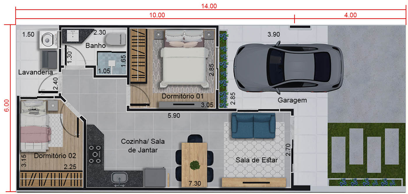 Planta de casa térrea com 60m². Planta para terreno 6x14