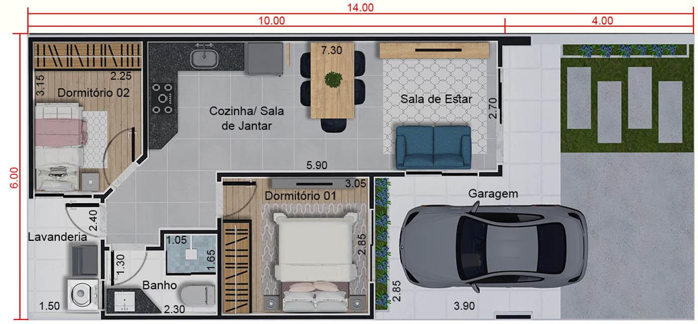 Planta de casa térrea com 60m². Planta para terreno 6x14