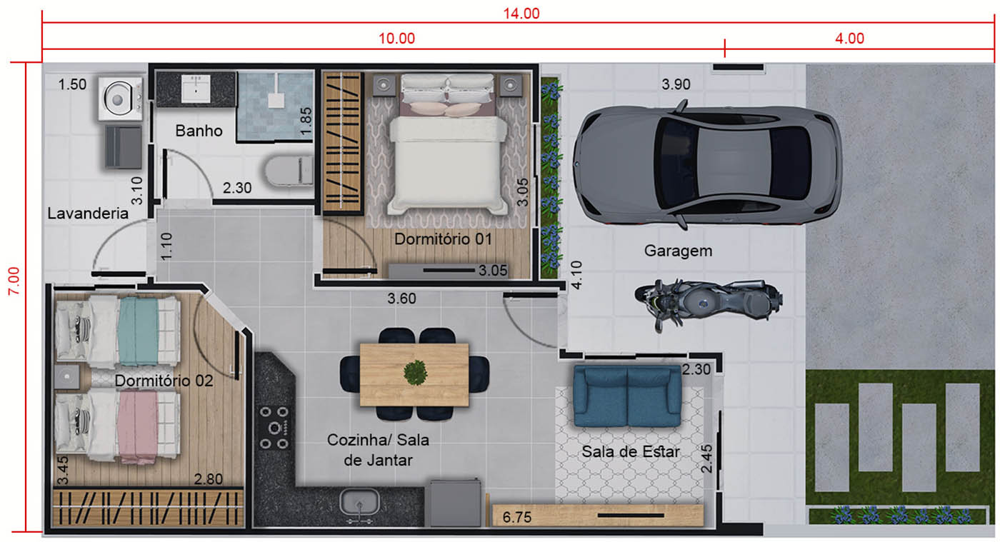 Projeto de casa térrea com 70m². Planta para terreno 7x14